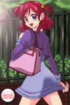  1girl :d ayanashi_kunio bag eiko eyelashes female hair_bobbles hair_ornament looking_back open_mouth pink_eyes pink_hair precure purple_skirt redhead school_bag school_uniform serafuku short_hair skirt smile solo twintails two_side_up yes!_precure_5 yumehara_nozomi 