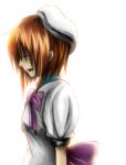  1girl beret bow bowtie brown_hair closed_eyes dress from_side hat higurashi_no_naku_koro_ni pink_bow pink_bowtie profile puffy_short_sleeves puffy_sleeves ryuuguu_rena short_hair short_sleeves solo tears upper_body white_dress 