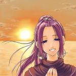  1girl 90s chrono_(series) chrono_trigger crote nail_polish ponytail purple_nails schala_zeal smile solo sun sunset wind 