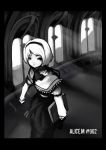  1girl alice_margatroid book capelet character_name female hairband hetareya laboto long_sleeves looking_at_viewer monochrome number puffy_long_sleeves puffy_sleeves short_hair solo sunlight touhou walking window 