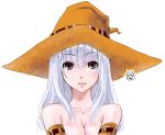  1girl bad_id bangs breasts collarbone crote elbow_gloves fantasy_earth_zero female gloves halloween hat looking_at_viewer medium_breasts nude oekaki silver_hair solo upper_body violet_eyes witch_hat yellow_gloves yellow_hat 