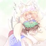  2girls animal_ears blonde_hair brown_eyes brown_hair cat_ears cat_tail chen closed_eyes earrings fang female fox_tail hat hug jewelry long_sleeves multiple_girls multiple_tails one_eye_closed pillow_hat short_hair surcoat tail tail_hug tassel touhou wink yakumo_ran 