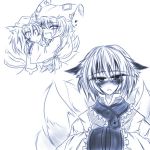  2girls animal_ears blush cat_ears cat_tail chen earrings fang female fox_ears fox_tail hat hug jewelry long_sleeves monochrome multiple_girls multiple_tails pillow_hat short_hair surcoat tail tassel touhou white_background wide_sleeves yakumo_ran 