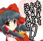  1girl :o bare_shoulders black_hair bow brown_eyes female hair_bow hair_tubes hakurei_reimu looking_at_viewer lowres nontraditional_miko solo touhou 