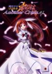  1girl blush bow bowtie cowboy_shot dark_persona dress dual_persona feathers fingerless_gloves gloves holding holding_weapon long_sleeves looking_at_viewer lyrical_nanoha magical_girl mahou_shoujo_lyrical_nanoha mahou_shoujo_lyrical_nanoha_a&#039;s polearm raising_heart red_bow red_bowtie redhead rod solo staff standing takamachi_nanoha tom_(1art.) tom_(artist) twintails uniform violet_eyes weapon white_dress 