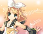  1girl amanooni_touri arm_warmers armpits bangs blonde_hair blouse blue_eyes bow eyebrows eyebrows_visible_through_hair gradient gradient_background hair_bow hair_ornament hairclip headphones kagamine_rin looking_at_viewer musical_note number outstretched_arm quaver ribbon sailor_collar sheet_music shirt_lift short_hair sleeveless solo staff_(music) swept_bangs tattoo treble_clef upper_body vocaloid white_blouse white_bow yellow_ribbon 