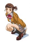  00s 1girl blazer brown_hair footwear higurashi_akane kneehighs kuroishi_ringo my-hime orange_eyes pleated_skirt school_uniform shoes short_hair side_ponytail simple_background skirt smile socks solo squatting 