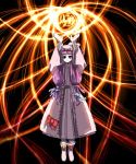 1girl arms_up blue_ribbon crescent crescent_hair_ornament danmaku dress female fire hair_ornament hirosato long_hair magic patchouli_knowledge purple_hair red_ribbon ribbon simple_background solo striped striped_dress touhou vertical_stripes violet_eyes 