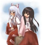  2girls black_hair blush bow brown_eyes dress female fujiwara_no_mokou hair_bow hime_cut houraisan_kaguya kiji_(manekinuko-tei) long_hair multiple_girls open_mouth pants red_eyes silver_hair suspenders touhou 