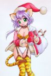  1girl :d animal_ears breasts buckle cat_ears cat_tail christmas cleavage collar ebifly garter_belt gloves green_eyes hat large_breasts looking_at_viewer open_mouth purple_hair red_gloves sack santa_costume santa_hat short_hair simple_background smile solo tail thigh-highs tiger_ears tiger_print tiger_tail 