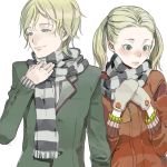  1boy 1girl blonde_hair blush couple fakepucco gloves green_eyes hetero mittens scarf simple_background striped striped_scarf twintails upper_body white_background 