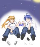  2girls :d ^_^ ^o^ ahoge androgynous blue_hair blush brown_hair can closed_eyes denim drink floating_hair full_body grin holding jeans lowres lyrical_nanoha mahou_shoujo_lyrical_nanoha mahou_shoujo_lyrical_nanoha_strikers multiple_girls open_mouth pants shirt short_hair short_sleeves smile soda_can subaru_nakajima teana_lanster teeth twintails white_shirt wind 