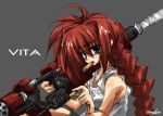  1girl alternate_weapon blue_eyes braid bullet cartridge graf_eisen gun handgun long_hair lyrical_nanoha mahou_shoujo_lyrical_nanoha mahou_shoujo_lyrical_nanoha_a&#039;s mouth_hold redhead reloading revolver solo vita weapon 