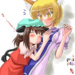  2girls animal_ears blonde_hair cat_ears cat_tail chen female fox_ears lowres multiple_girls sasuke_(sasuke_no_sato) sleeping surcoat tail touhou yakumo_ran 