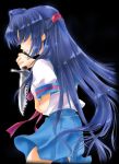  1girl asakura_ryouko blue_hair half_updo knife nyanmilla school_uniform serafuku solo suzumiya_haruhi_no_yuuutsu 