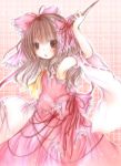  1girl bow checkered checkered_background dress female hakurei_reimu kasuga_sunao long_hair looking_at_viewer pink_bow pink_dress red_eyes rod solo touhou yellow_bow 