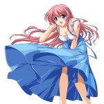  1girl braid breasts cleavage dress large_breasts long_hair pink_hair solo violet_eyes wind wind_lift 