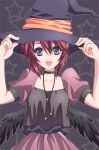  1girl artist_request black_shirt black_wings blue_eyes character_request choker collarbone hair_between_eyes hands_up hat jewelry looking_at_viewer lowres necklace open_mouth puffy_short_sleeves puffy_sleeves purple_hair purple_skirt shirt short_hair short_sleeves skirt smile solo source_request upper_body wings witch_hat 