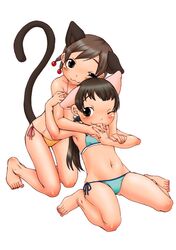  2girls :3 animal_ears barefoot bikini blush brown_eyes brown_hair cat_ears cat_tail equal_(melomelopunch) feet hand_holding hands long_hair multiple_girls short_hair side-tie_bikini sitting swimsuit tail 