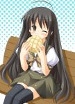  1girl black_hair bread food melon_bread one_eye_closed school_uniform serafuku shakugan_no_shana shana sitting solo thigh-highs uehiro wink 