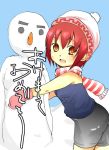  1girl :d ass bare_shoulders beanie carrot from_side hat looking_at_viewer mathnote open_mouth original red_eyes redhead scarf shorts smile snow snowman solo standing vegetable 