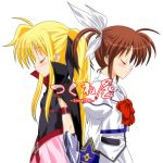  2girls arm_belt back-to-back belt black_dress blonde_hair blush bodysuit bow bowtie cape closed_eyes closed_mouth dress eyebrows eyebrows_visible_through_hair fate_testarossa from_side long_sleeves lyrical_nanoha magical_girl mahou_shoujo_lyrical_nanoha mahou_shoujo_lyrical_nanoha_a&#039;s multiple_girls red_bow red_bowtie redhead sidelocks simple_background smile takamachi_nanoha twintails upper_body white_background 
