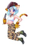  1girl :3 animal_ears beret blue_eyes blue_hair boots camouflage cat_ears cat_tail collar dog_tags ebifly fatigues gloves gun handgun hat pistol solo tail trigger_discipline weapon 