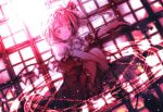  1girl crystal demon_wings female flandre_scarlet flying full_body kasuga_sunao light_rays looking_at_viewer monochrome red side_ponytail solo sunlight touhou vampire wings 