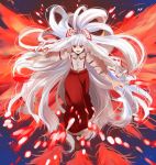  1girl bad_id bow danmaku female fiery_wings fire fujiwara_no_mokou hair_bow kaisen long_hair pants red_eyes solo suspenders touhou very_long_hair white_hair wings 