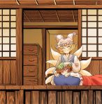  2girls ^_^ animal_ears blonde_hair blush brown_hair building cat_ears chen closed_eyes drawer dress female fox_tail frills hat lap_pillow long_sleeves mob_cap multiple_girls outdoors petting pillow_hat red_dress shelf short_hair sitting sleeping sleeveless sliding_doors surcoat tabard tail tassel touhou yakumo_ran 