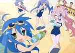  1boy 5girls battle beach beach_party blue_eyes blue_hair flat_chest friends glasses goggles green_eyes hiiragi_kagami hiiragi_tsukasa izumi_konata jpeg_artifacts kogami_akira lucky_star multiple_girls name_tag one-piece_swimsuit party pink_hair purple_hair school_swimsuit shiraishi_minoru swimsuit takara_miyuki water water_gun 