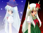  2girls dress ex-keine female gradient gradient_background hat horn_ribbon horns kamishirasawa_keine multiple_girls outdoors ribbon sky touhou 