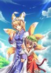  2girls animal_ears blonde_hair blue_sky brown_eyes brown_hair cat_ears cat_tail chen clouds earrings fang female fox_tail hat jewelry long_sleeves multiple_girls multiple_tails open_mouth pillow_hat short_hair sky surcoat tabard tail tassel touhou yakumo_ran yellow_eyes 