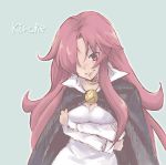  1girl blue_background breasts cape character_name face hair_over_one_eye kirche_augusta_frederica_von_anhalt_zerbst nogoodlife pentacle pink_hair zero_no_tsukaima 