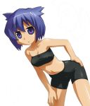  1girl armpits bare_arms bare_shoulders bent_over bike_shorts black_bra black_shorts blue_eyes blue_hair bra breasts cleavage closed_mouth cowboy_shot expressionless eyebrows eyebrows_visible_through_hair hand_on_hip looking_at_viewer pani_poni_dash! serizawa_akane short_hair short_shorts shorts simple_background solo spread_legs standing strapless tubetop umekichi underwear white_background 