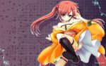  1girl blush boots fishnets highres japanese_clothes kimono redhead shiwo solo twintails wallpaper 