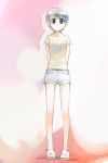 1girl black_eyes ikeda_jun_(mizutamari) looking_at_viewer original shirt shoes short_hair shorts silver_hair solo white_shirt 