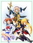  3girls bardiche belt blonde_hair blue_eyes brown_hair cape fate_testarossa fingerless_gloves gloves hat jacket lyrical_nanoha magazine_(weapon) magical_girl mahou_shoujo_lyrical_nanoha mahou_shoujo_lyrical_nanoha_a&#039;s michii_yuuki multiple_girls one_eye_closed open_clothes open_jacket raising_heart red_eyes redhead schwertkreuz skirt staff takamachi_nanoha thigh-highs unison violet_eyes waist_cape wings wink x_hair_ornament yagami_hayate 