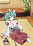  1girl arm_support breasts cleavage fuuki-tan green_eyes green_hair japanese_clothes large_breasts miko original ponytail red_hakama solo tabi tomusooya 