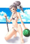  1girl barefoot beach bikini feet food fruit holding holding_fruit jpeg_artifacts soba_(saz) solo stick swimsuit watermelon 