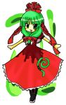  1girl black_boots blush boots cross-laced_footwear dress fang female front_ponytail full_body green_eyes green_hair hair_ribbon kagiyama_hina long_hair looking_at_viewer ngayope open_mouth red_dress red_ribbon ribbon simple_background smile solo standing touhou white_background 