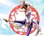  1girl breasts brown_eyes brown_hair chai_xianghua detached_sleeves fighting_stance flats headdress headwear holding holding_sword holding_weapon konkitto leg_lift medium_breasts shoes short_hair sleeveless solo soul_calibur soulcalibur soulcalibur_ii sword weapon 