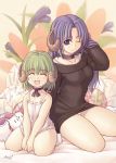  2girls :d ^_^ age_difference blue_eyes blue_hair choker closed_eyes green_hair horns multiple_girls no_pants one_eye_closed open_mouth panties size_difference smile sweater sweater_dress underwear wink xration 