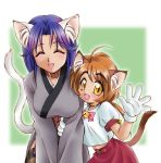  2girls :d animal_ears blue_hair brown_hair cat_ears cat_tail collar ebifly gloves leaning_forward multiple_girls open_mouth smile tail 