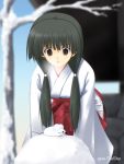  1girl :d bangs bare_tree black_eyes black_hair blurry breath cowboy_shot depth_of_field hair_over_shoulder hakama japanese_clothes kimono leaning_forward long_hair long_sleeves looking_down low_twintails miko mouse new_year open_mouth original red_hakama smile snow snow_bunny snow_mouse solo tree twintails wide_sleeves winter zenzen zenzen_(onestep) 