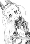  1girl :d elise_von_dietrich forehead from_side gofu greyscale hair_between_eyes hairband long_hair looking_at_viewer monochrome motionslit open_mouth pilot_suit sketch sky_girls smile solo traditional_media very_long_hair 