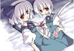  2girls albino dual_persona female konpaku_youmu konpaku_youmu_(ghost) multiple_girls red_eyes sakuraba_yuuki touhou white_hair 