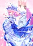  1girl arm_garter blue_dress blush capura_lin dress female frills from_side japanese_clothes kimono long_sleeves looking_afar looking_at_viewer multiple_views pink_eyes pink_hair profile saigyouji_yuyuko short_hair solo standing touhou wide_sleeves 