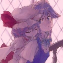  2girls closed_eyes female hug izayoi_sakuya lowres multiple_girls oisin piggyback remilia_scarlet touhou 