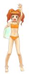  1girl aqua_eyes armpits ball barefoot beachball bikini flat_chest happy idolmaster open_mouth orange_hair rison solo swimsuit takatsuki_yayoi twintails 